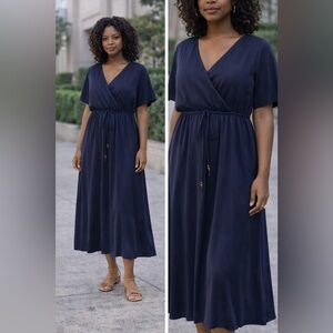 Karen Kane American vintage navy v neck faux wrap maxi dress med made in USA